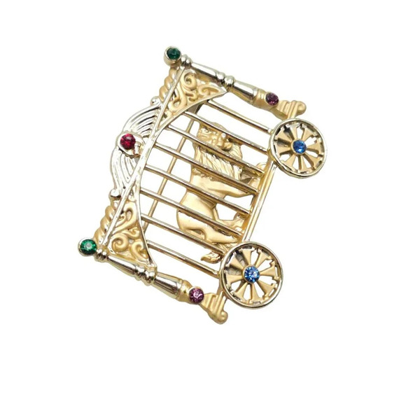 AJC Rhinestones Lion in Circus Wagon Cage Brooch Pin Gold Tone Vintage - Picture 2 of 6